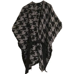 New ANN TAYLOR Black Grey Houndstooth Designer Chic Soft Belted Poncho Cape OS - Picture 1 of 8