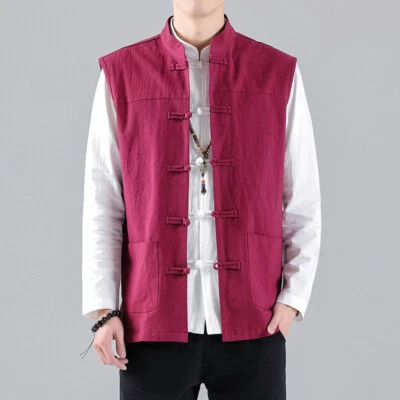 Men Linen Cotton Kung Fu Shirt Sleeveless Frog Button Wing Chun Waistcoat Top - Image 1 of 4