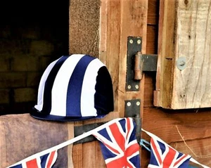Horse Riding Hat / Skull Cap Cover Navy Blue And White Stripe One Size Fits All - Picture 1 of 3