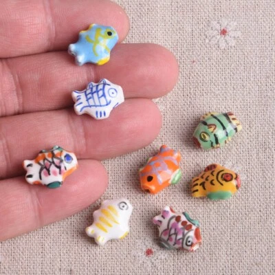 5pcs Fish Painting Handmade Ceramic Porcelain 12x15mm Loose Beads DIY Jewelry - Image 1 of 3