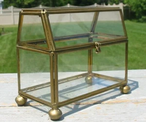 Vtg Brass Glass Hinged Barn Shape Curio Box Display Case Footed Trinket Jewelry - Picture 1 of 7