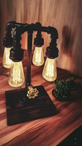 Retro Industrial style Pipe Teardrop down 4 Edison bulb lamp on wood base - Picture 1 of 3