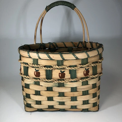 Vintage Wall Hanging Basket Single Handle Hand Woven APPLE & ROPE ACCENTS Cover