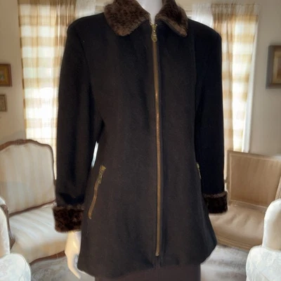 Vintage Lorovi Negro Con Estampado de Leopardo Imitación Piel Borde Forrado Bolsillos Cremalleras Talla M Foto 1 de 4