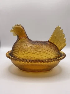 Vintage Indiana Glass Hen on Nest 7'' Beaded Candy Dish Golden Amber - Picture 1 of 14