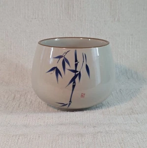 Bamboo Chinese Tea Cup Bowl Lg Hand Painted Blue & Cream Planter Stamped - Picture 1 of 19
