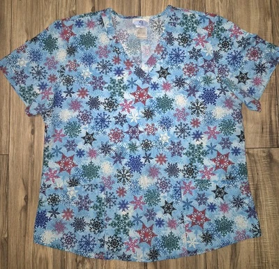 Scrubs Christmas Scrub Top Snowflake Work Shirt Womens Size Large Winter Theme - Image 1 of 4