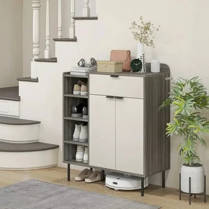 Modern Shoe Cabinet Storage Unit with Drawers & Open Shelves - Grey White - Picture 1 of 13
