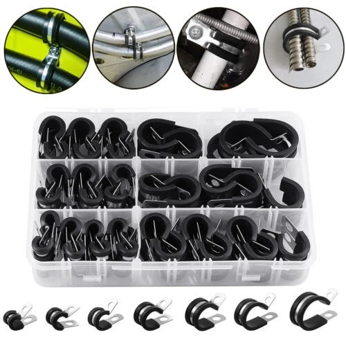 72x Cable Clamps Assortment Kit Stainless Steel Rubber Cushion Pipe Clamp 7 Size