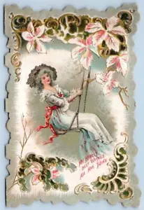 1890's-1920's ERA ANTIQUE VALENTINE CARD DIE CUT WOMAN ON SWING TO MY BELOVED - Picture 1 of 4