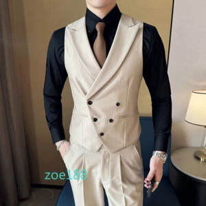 Mens Vest British Slim Fit V Lapel Collar Double Breasted Vest Pant 2 Pc Suits - Picture 1 of 27