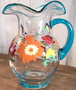 Hand Painted Mid Century Glass Pitcher Blue Handle Fluted Rim Flowers Butterflie - Picture 1 of 9