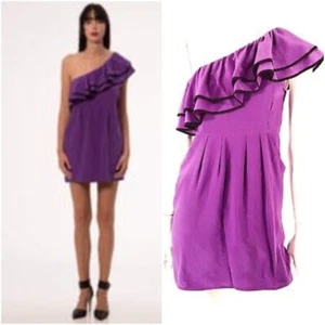 Yumi Kim Damen Lanie Seide Rüschen One Shoulder Etuikleid Gr. S Neu mit Etikett 198 Lila - Bild 1 von 4