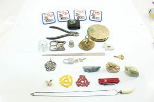 Vintage Junk Drawer Lot - Pocketknife Thimble Bell Patches Necklace Figurines - Picture 1 of 12