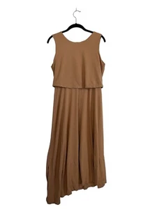 CUYANA Womens Midi Dress Tan Stretch Knit Asymmetrical Hem Overlay Sz M - Picture 1 of 7