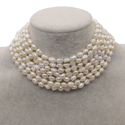 Collar gargantilla 7 filas natural 7-8 mm blanco de perlas barrocas de agua dulce 14,7-15"" Foto 1 de 4