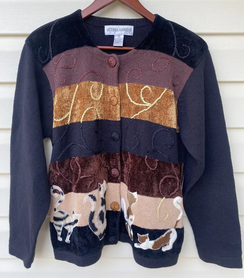 复古 Victoria Harbour 女式开衫 3D 纹理玩猫毛衣 XL 秋季 — 第 1/4 张图片