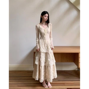 French Style Damen Long Flare Sleeve Lace V Neck Long Lagenlook Kleid Rüschen Neu - Bild 1 von 17