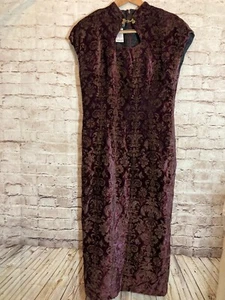 Vintage Carole Little Dress Womens 12 Maroon Velvet Burnout Mandarin Collar - Picture 1 of 14