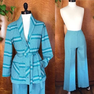 70’s 70s Vintage HERRINGBONE Shawl Collar Jacket Pants Pantsuit Leisure Suit M - Picture 1 of 12