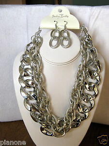 Chunky Metal Chain Necklace Matching Earrings 1.5" Links 17-20" Gold,Silver,Rose