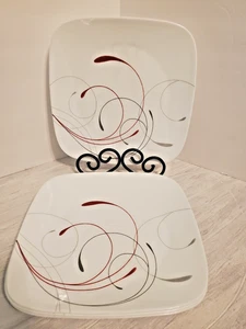 SET OF 4 Corelle Red Gray Swirl SPLENDOR Square Dinner Plates 10.5" Vitrelle EUC - Picture 1 of 5