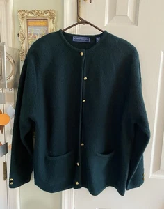 Cardigan maglione vintage Karen Scott verde foresta pura lana bottoni oro donna 1X - Foto 1 di 4