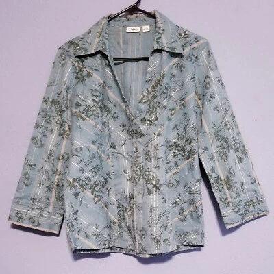 CATO Womens Top Blue Teal Floral Stripe Blouse VNeck Collar Size LARGE - Image 1 of 4