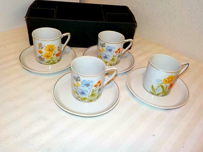 JUEGO DE 8 PIEZAS DEMITASSE VINTAGE 4 TAZAS 4 PLATILLOS FLORES/MARIPOSAS CAJA ORIGINAL JAPÓN Foto 1 de 4