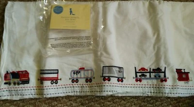 New Pottery Barn Kid TRAIN Railway Express SHEET + CribSkirt bedskirt embroidery - Image 1 of 4