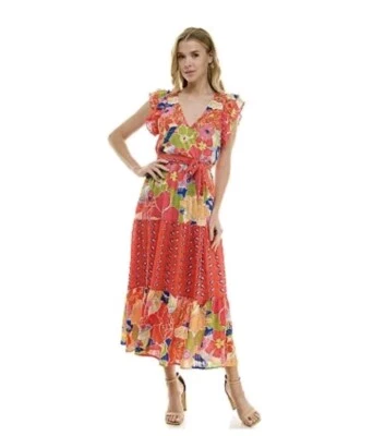 Figueroa & Flower  Anthropologie Semi Sheer Midi Boho Dress Sz L Floral Belted   - Image 1 of 4