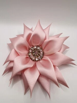 Ribbon Satin Flower BROOCH, Pink Gold 7” Crystals Rhinestones Handmade #15 of 43 - Image 1 of 4