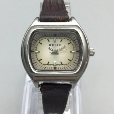Vintage Relic Watch Women 30mm Silver Tone Brown Leather Band New Battery - Image 1 of 4