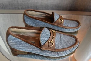 Mens Gucci Shoes 1953 Horsebit Loafer Raffia Brown & Blue Leather Size 11 - Picture 1 of 8