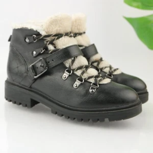 Nine West Womens Wade Boot Size 7.5 Black Leather Shearling Lace Up Hiking Moto - Imagen 1 de 13
