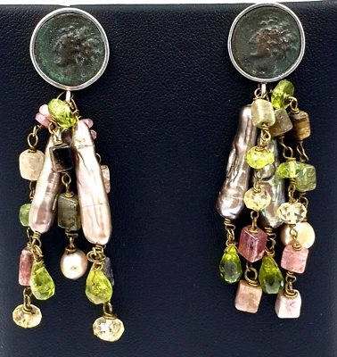 Orecchini pendenti vintage '70 moneta madreperle perle sintetiche in argento 925 - Immagine 1 di 4