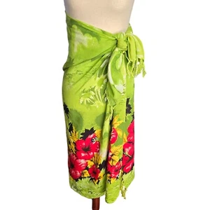 Roundy Bay Sarong Beach Wrap Green Tropical Hibiscus Flower Palm Print Coverup - Picture 1 of 10