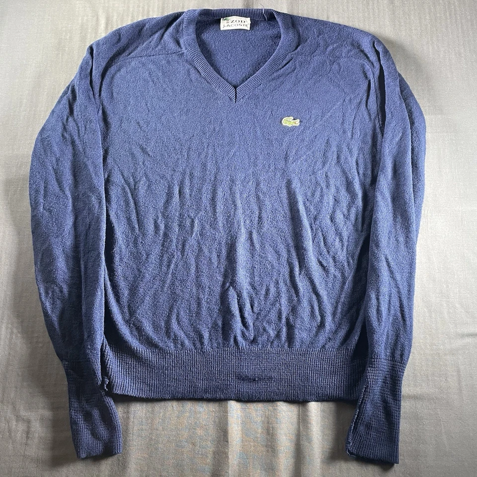 Suéter DE COLECCIÓN IZOD Lacoste XL Mediano Azul Marino Cuello en V Tejido Logo Cocodrilo Años 80 Foto 1 de 4