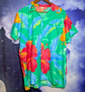 King Kamehameha grün Hibiskus Blumen Shirt Größe Large tropisch Tiki Luau Camp - Bild 1 von 6