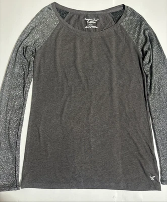 AMERICAN EAGLE Super Soft Gray Raglan metalic Seeves Shirt Long Sleeve Size M - Изображение 1 из 4