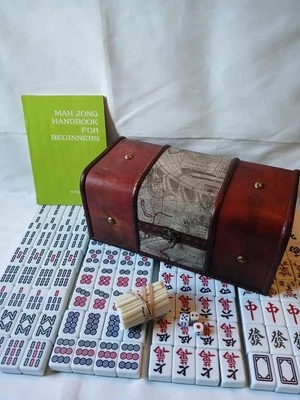 Mahjong Set Wooden Box 144 Extra Large Green Tiles Book Sticks Mah jong Jongg - Image 1 of 4