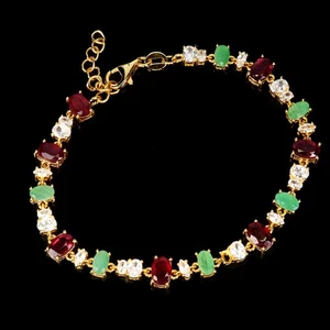 925 Sterling Silver Bracelet Oval Ruby 6x4mm Emerald Gemstone Jewelry 7.5inches - Picture 1 of 13