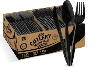 1000 Pcs Black Plastic Utensils Set - Plastic Forks Spoons And Knives Set - M - Picture 1 of 6