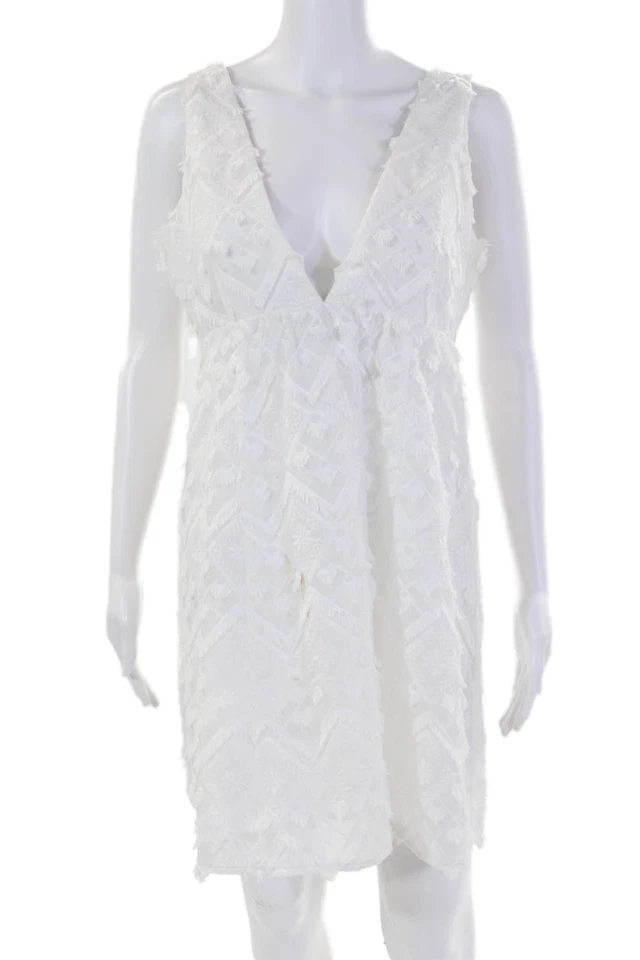 Vestido Cynthia Rowley para mujer sin mangas cuello en V flecos bordado blanco mediano Foto 1 de 4