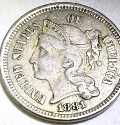 1881 Three Cent Nickel Piece 3C Ungraded Choice US Type Coin Silver - Image 1 of 4