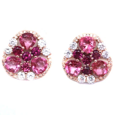 Gemstone 6x6 MM. Pink Mystic Topaz, Rhodolite Garnet, Zircon Earrings 925 Silver - Image 1 of 4
