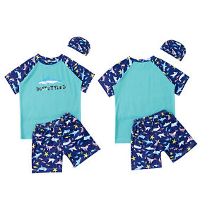 Kids Boys Rash Guard Set Shark Print Swimwear Short Sleeve Tops Trunks Swim Hat