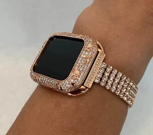 Bling Apple Watch Band Women Rose Gold 38-45mm or Crystal Bezel Cover Bumper - Picture 1 of 10