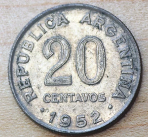 1952 Argentina 20 Centavos José San Martin Reeded Edge - Picture 1 of 2