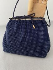 Vintage  1960s  K E Munro "Ornum" Navy Blue Beaded Nylon Clipper Model Handbag